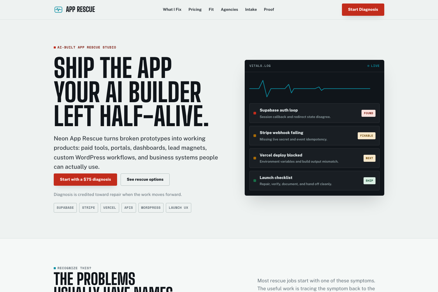 Neon App Rescue homepage screenshot