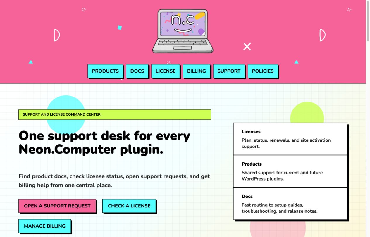 Neon Support Hub homepage screenshot