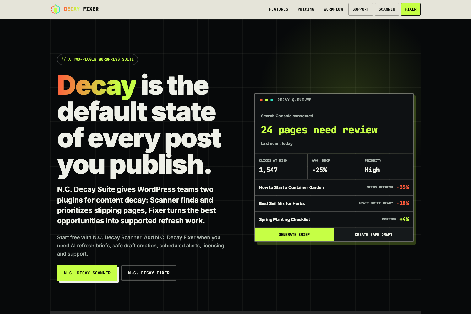 N.C. Decay Suite homepage screenshot